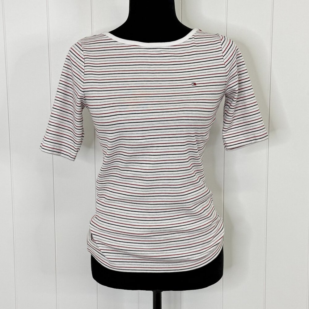 Tommy Hilfiger Nautical Stripe Boat Neck Short Sleeve Tee Womens SM 100% Cotton